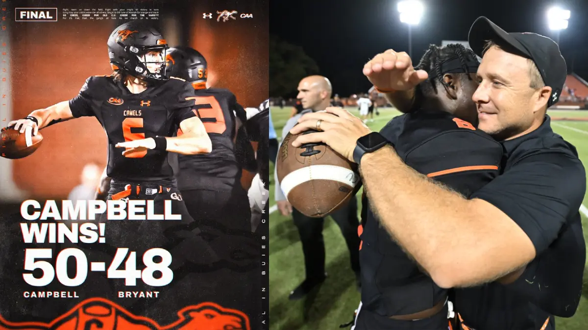 Multiple images of Campbell University's football win over Bryant, featuring QB Kamden Sixkiller and coach Braxton Harris