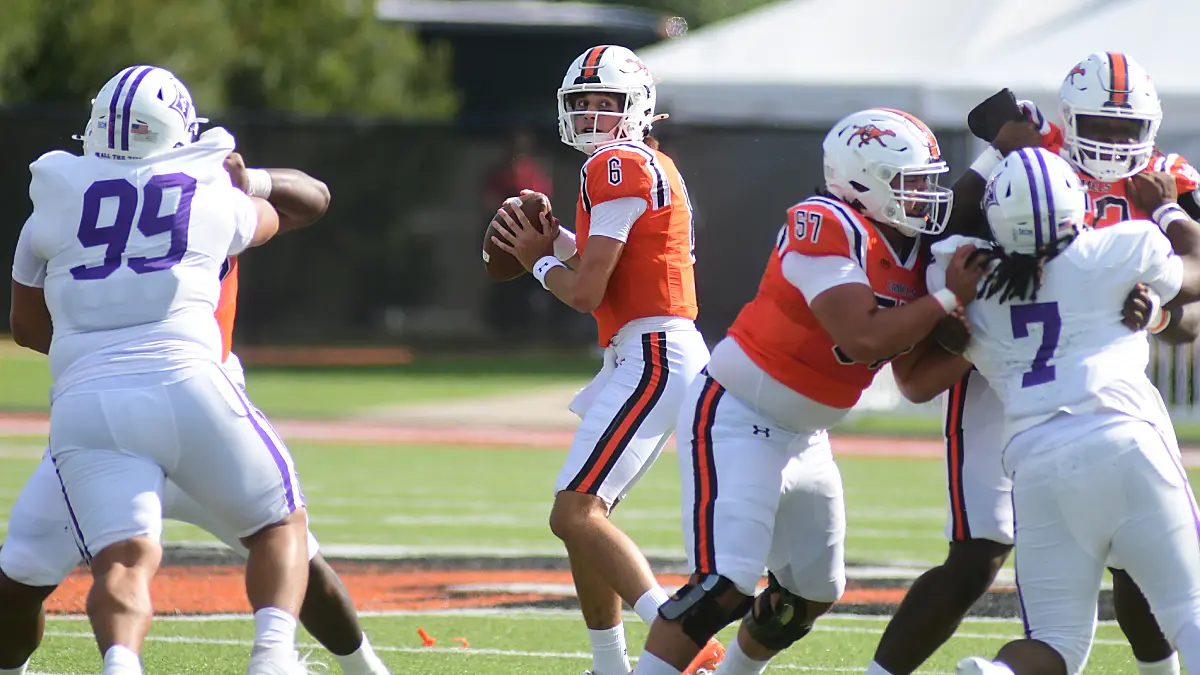 Campbell quarterback Kamden Sixkiller stands in the pocket against Furman