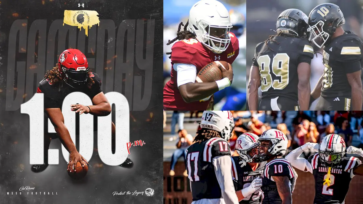 A collage of D2 football images, featuring Winston-Salem State, Shaw, UNC Pembroke and Lenoir-Rhyne