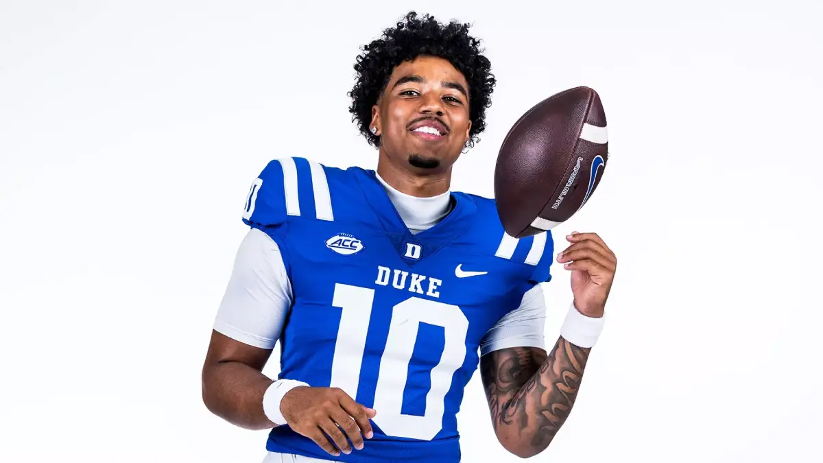 Duke football quarterback Darian Mensah against a white background