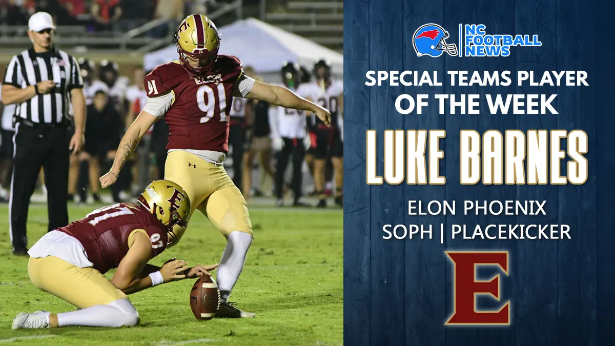 Elon placekicker Luke Barnes earned NC Football News' North Carolina College Football Special Teams Player of the Week. Here, Barnes is pictured following through on a kick against Davidson.