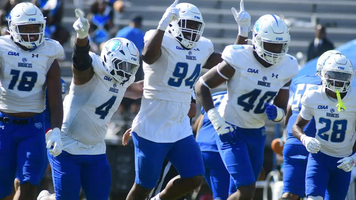 Fayetteville State plays celebrate after forcing a turnover against Elizabeth City State