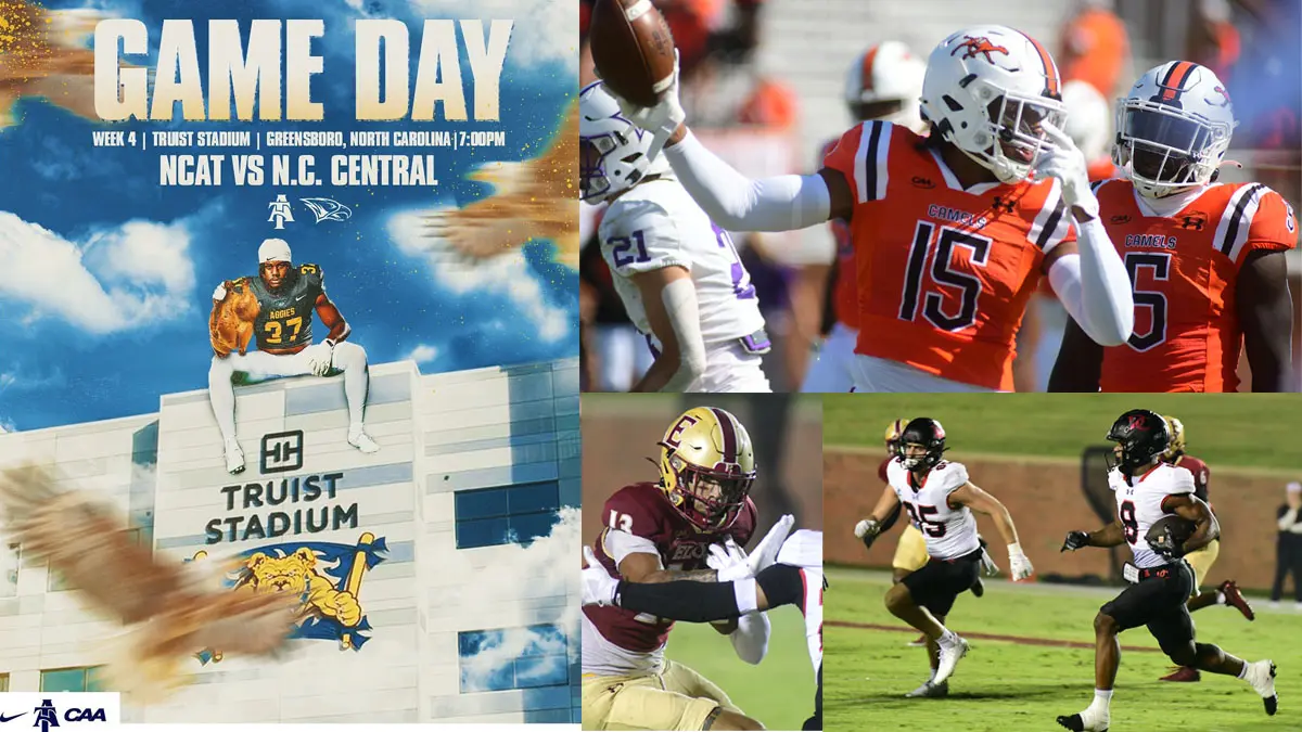 A collage of North Carolina FCS football images and graphics, featuring North Carolina A&T, Campbell, Davidson and Elon