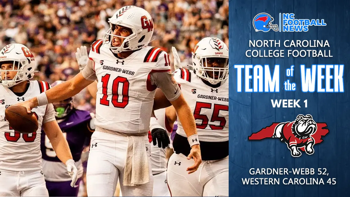 After a historic comeback win at Western Carolina, Gardner-Webb earns NC college football Team of the Week honors for Week 1.