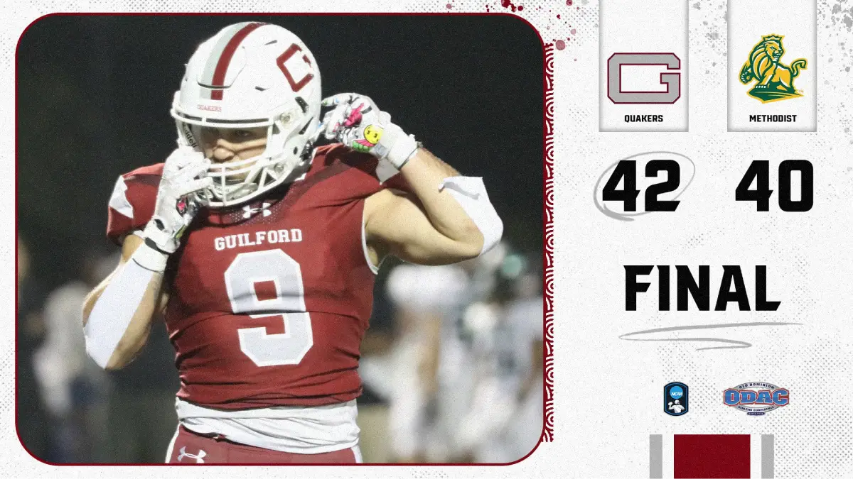 Guilford football game-day graphic showing a Quakers player and the final score of its 42-40 win against Methodist