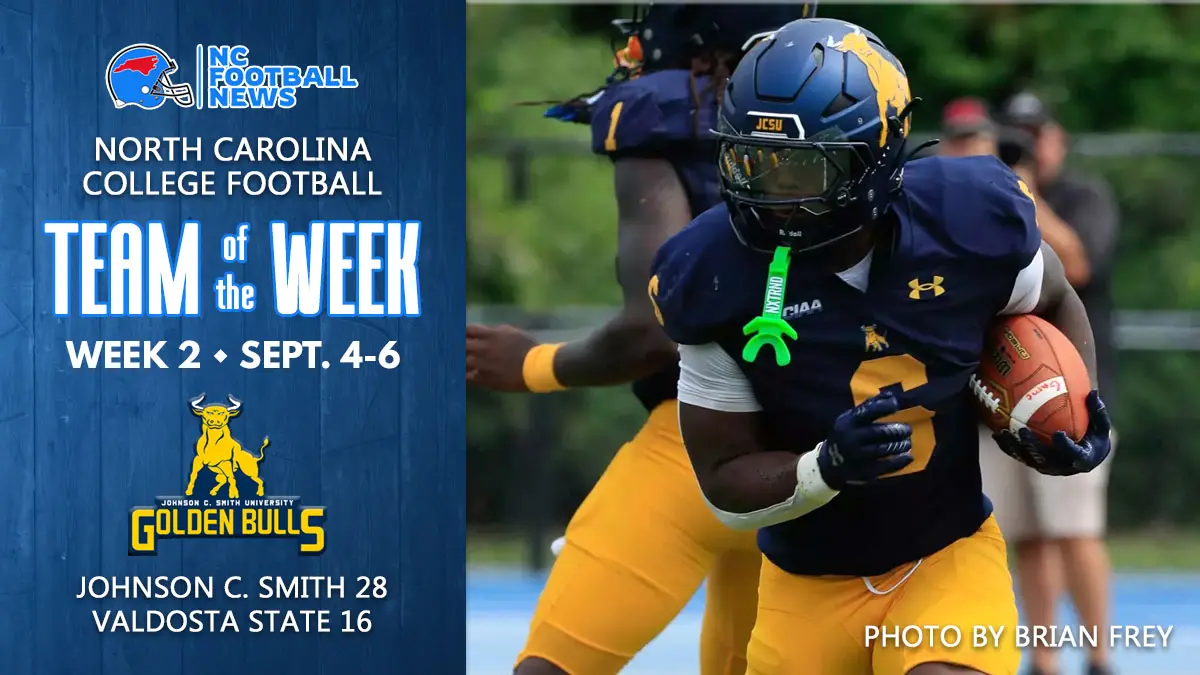 Johnson C. Smith running back Avante George featured on NC Football News graphic as the Week 2 North Carolina College Team of the Week (Sept. 4–6, 2025). The graphic includes the JCSU logo, NC Football News logo and a wooden background shaded in blue.