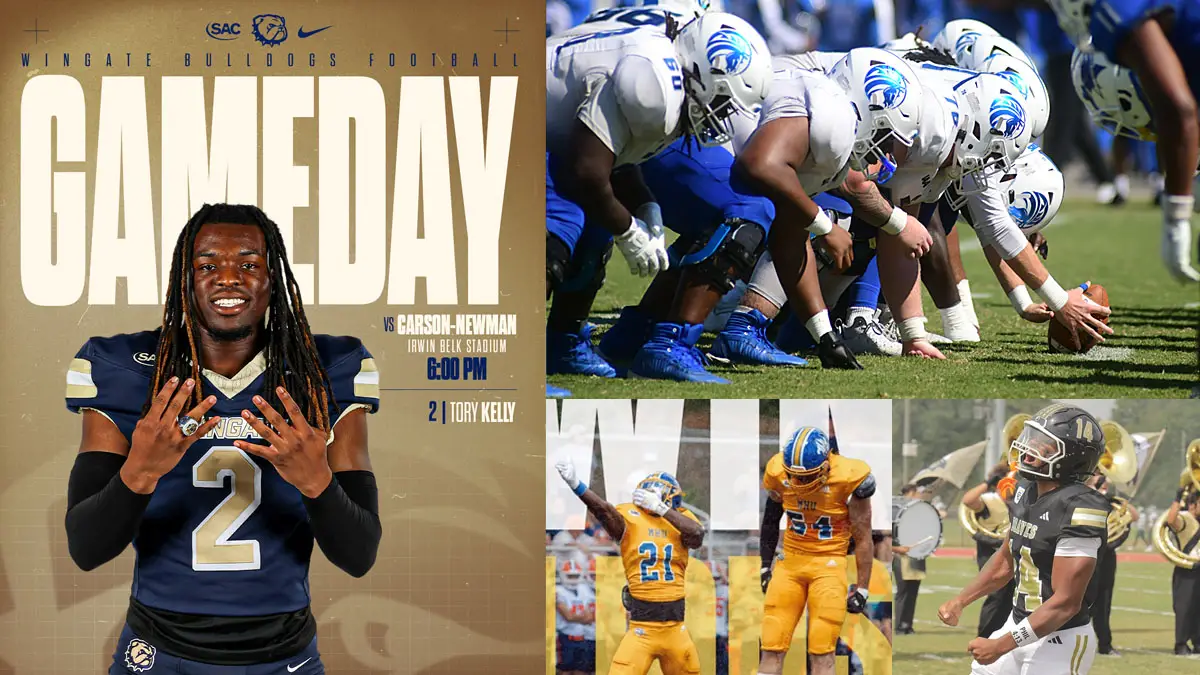 A collage of North Carolina D2 football Game Day images, featuring Wingate, Fayetteville State, Mars Hill and UNC Pembroke