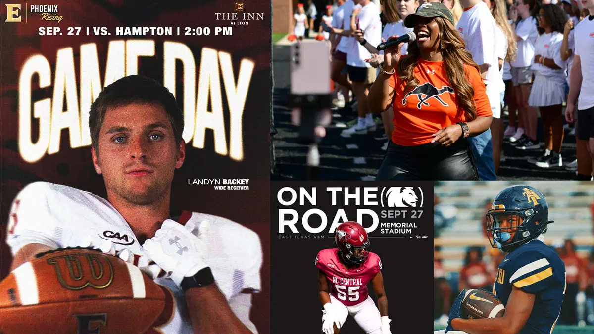 NC College Football | FCS Game Day | Sept. 27, 2025 - NCFootballNews A collage of North Carolina FCS football Game Day graphics, featuring Elon, Campbell, North Carolina Central and North Carolina A&T