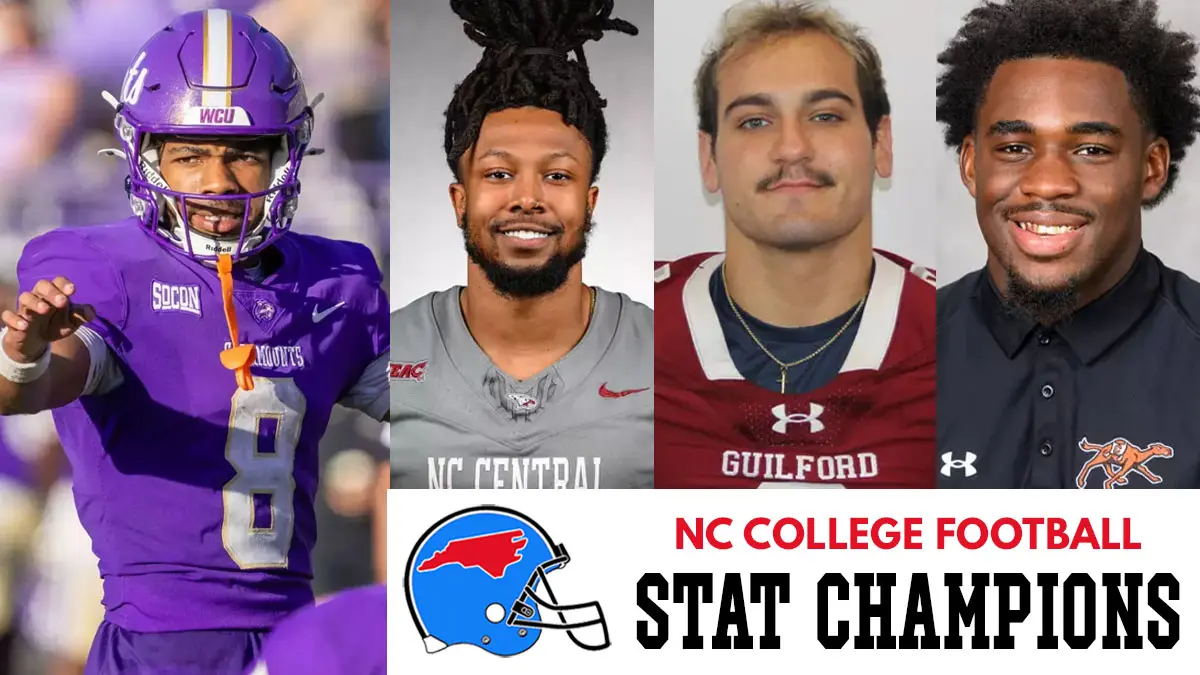A collage of images featuring Week 4 stat champions in North Carolina college football, including WCU's Taron Dickens, NCCU's Chris Mosley, Guilford's Nick Iannone and Campbell's Randall King