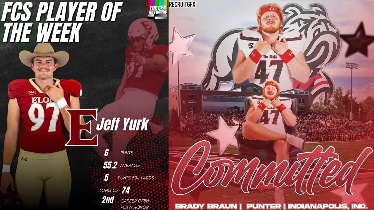Elon punter Jeff Yurk and Gardner-Webb punter Brady Braun are among the top punters nationally so far this season. Graphics of both players are shown.