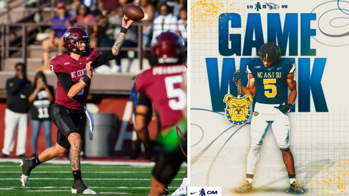 A promotion for the upcoming North Carolina Central at NC A&T football game (2025), featuring NCCU's Walker Harris and NC A&T's Jayvonne Dillard.