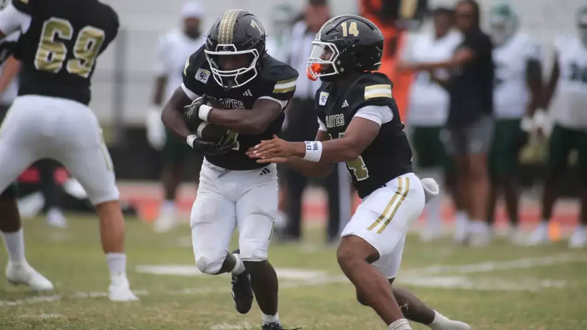 UNC Pembroke quarterback Tre Robinson hands off during the Braves' upset win over Delta State.