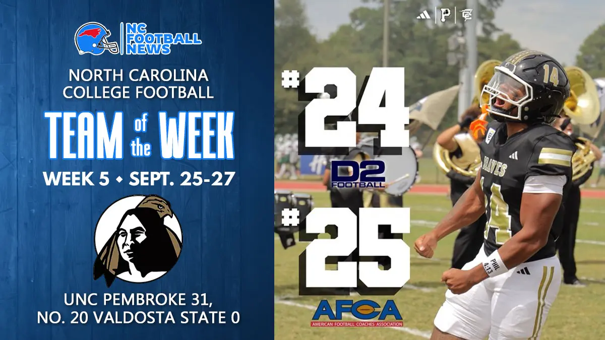 UNC Pembroke has been named the North Carolina Football News' College Football Team of the Week.