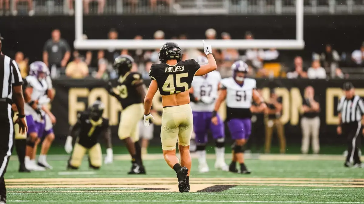 Nick Andersen | Wake Forest football | Photo by Bryce Mitchell (WF Athletics) - NCFootballNews Wake Forest's Nick Andersen celebrates a big play in a 2025 game against Western Carolina