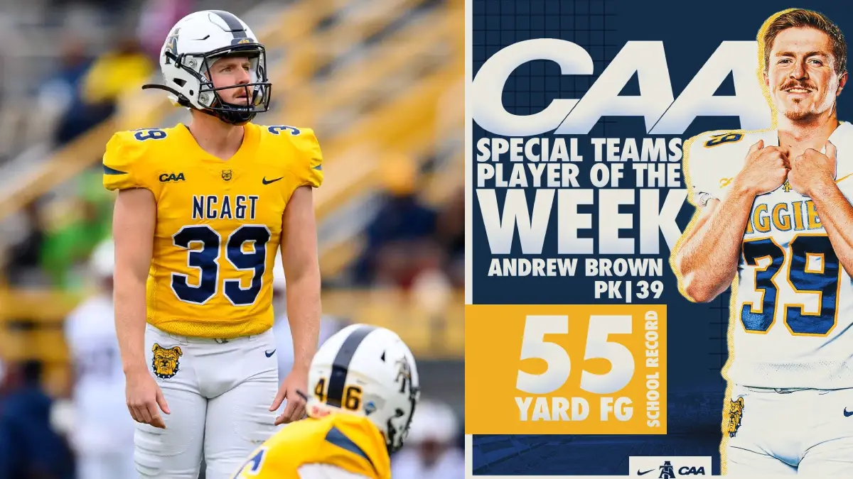Side-by-side images of North Carolina A&T kicker Andrew Brown, who hit a school-record 55-yard field goal against South Carolina State.