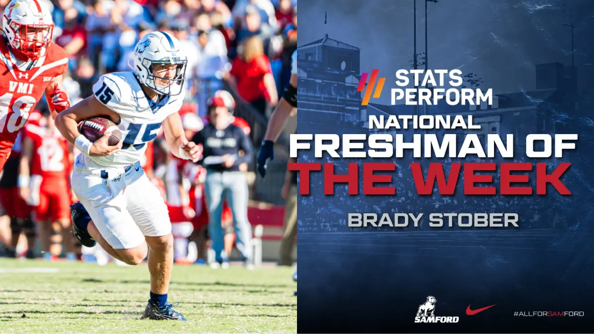 A graphic from Samford football recognizing quarterback Brady Stober as the Stats Perform FCS National Freshman of the Week.