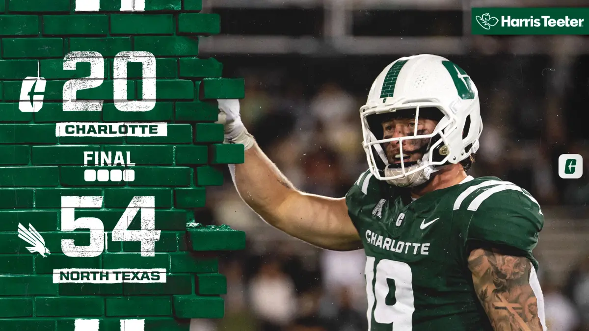 North Texas 54, Charlotte 20 - NCFootballNews Score graphic from the Charlotte-North Texas football game, with North Texas winning the game 54-20