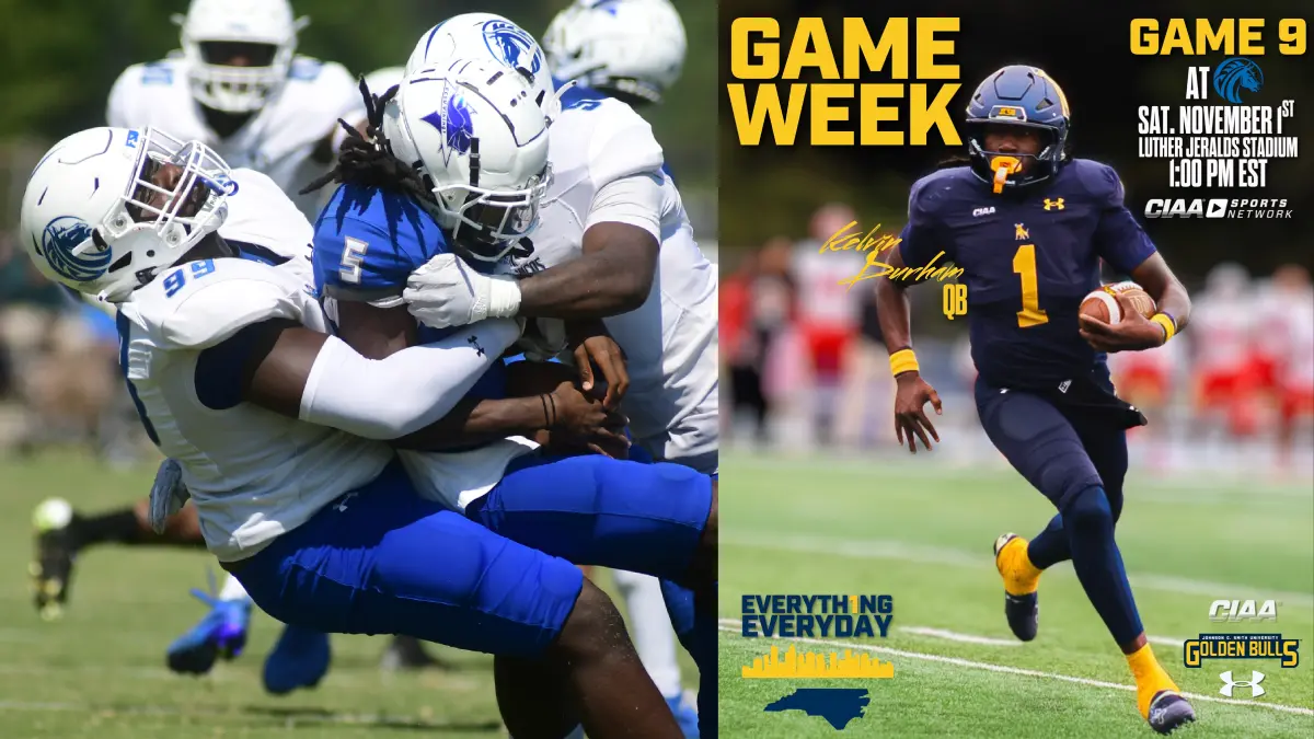 Two images promoting the upcoming Fayetteville State vs. Johnson C. Smith football game, featuring FSU's defense and Johnson C. Smith's game-week graphic.