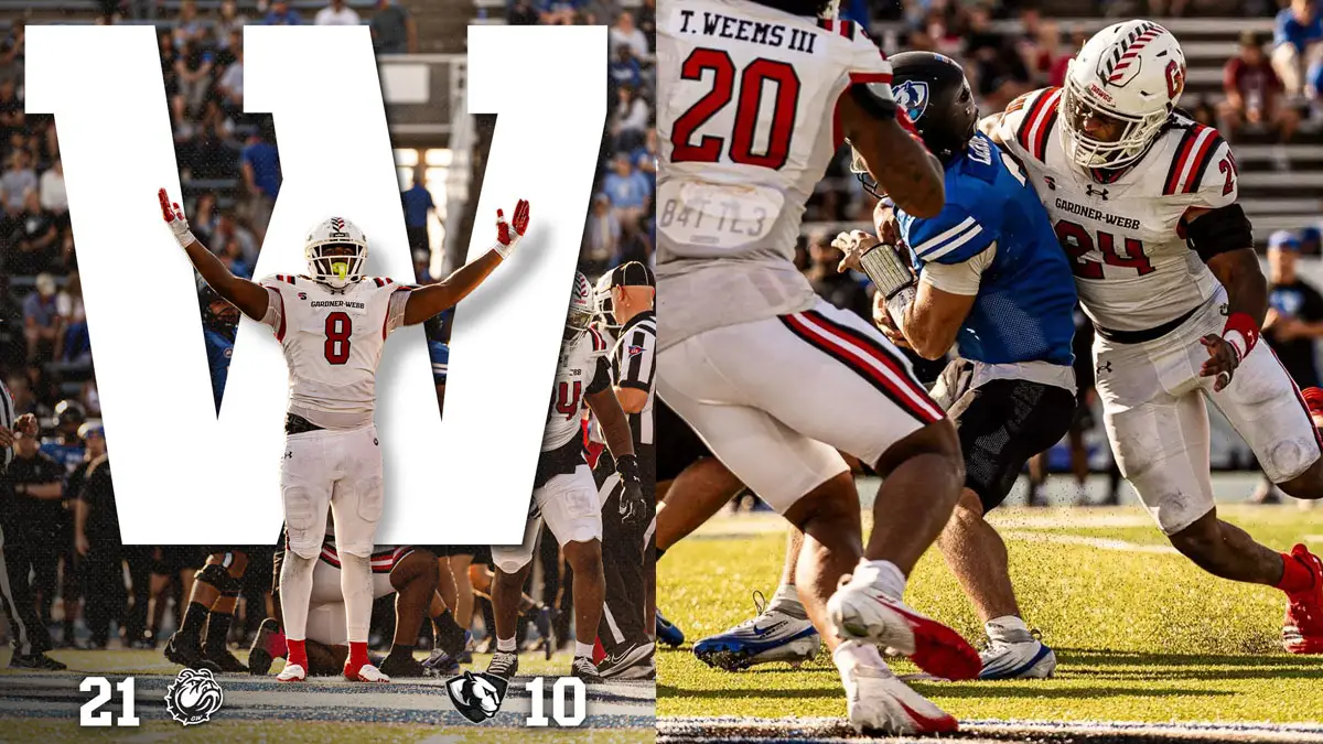Photo collage featuring images of Gardner-Webb's win over Eastern Illinois. Cahari Haynes was voted OVC/Big South defensive player of the week.
