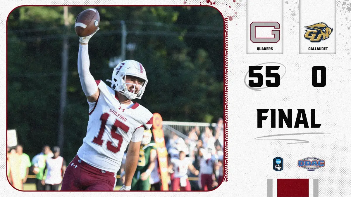 Game day graphic promoting Guilford College's 55-0 football win over Gallaudet.