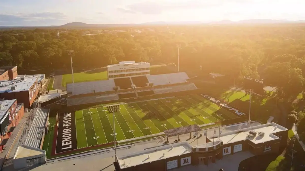 An aerial view of Lenoir-Rhyne's Moretz Stadium in Hickory