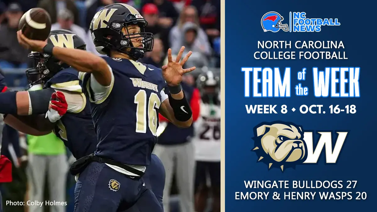 Wingate football earns North Carolina College Football Team of the Week honors after beating Emory & Henry 27-20. Quarterback Elijah Holmes is pictured alongside Wingate branding.