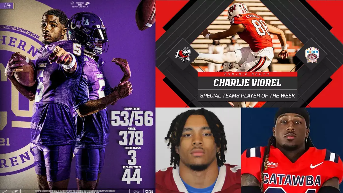 A collage of North Carolina college football player of the week winners, including Western Carolina's Taron Dickens.