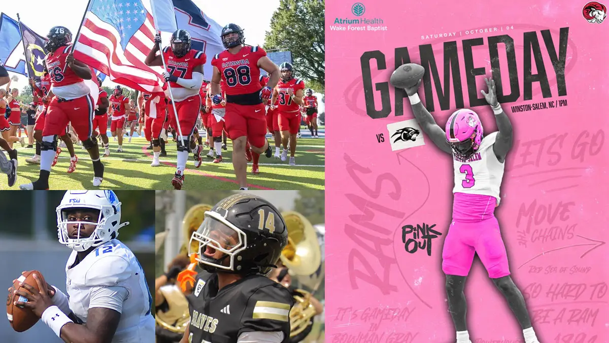 North Carolina D2 college football game day graphic, featuring Winston-Salem State, Catawba, Fayetteville State and UNC Pembroke.
