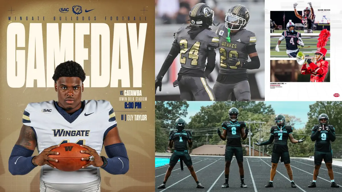 North Carolina D2 college football game day collage featuring Wingate, UNC Pembroke, Livingstone and Lenoir-Rhyne graphics and photos