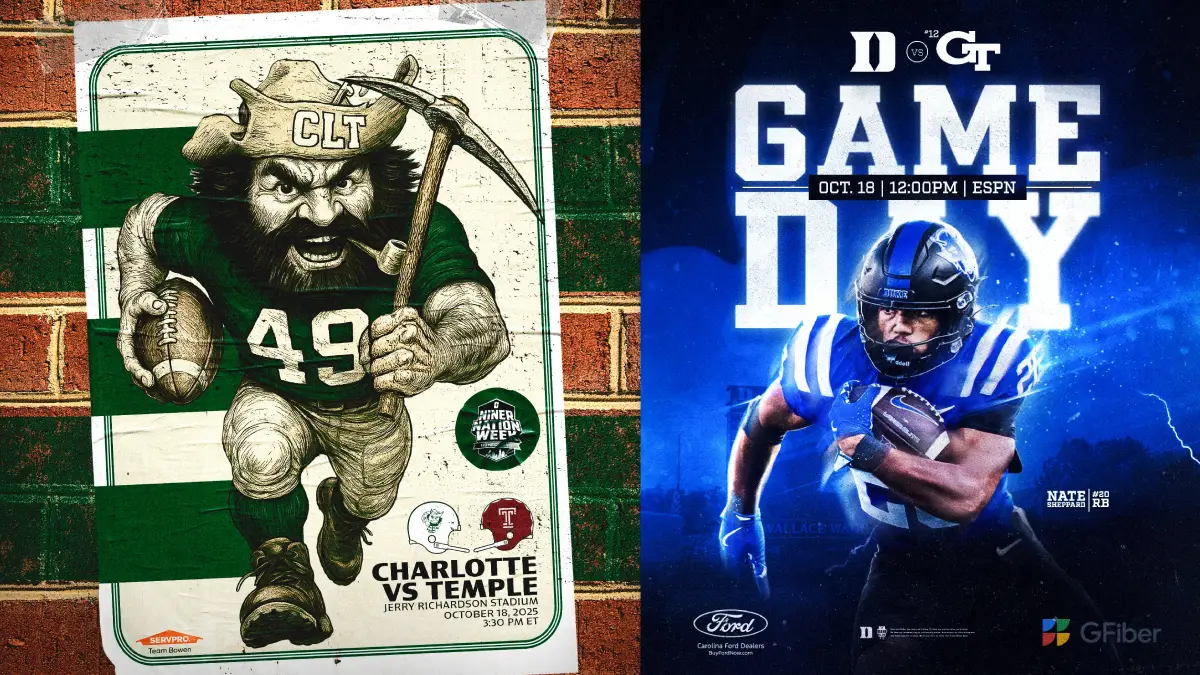 North Carolina FBS College Football Game Day graphic featuring Charlotte and Duke