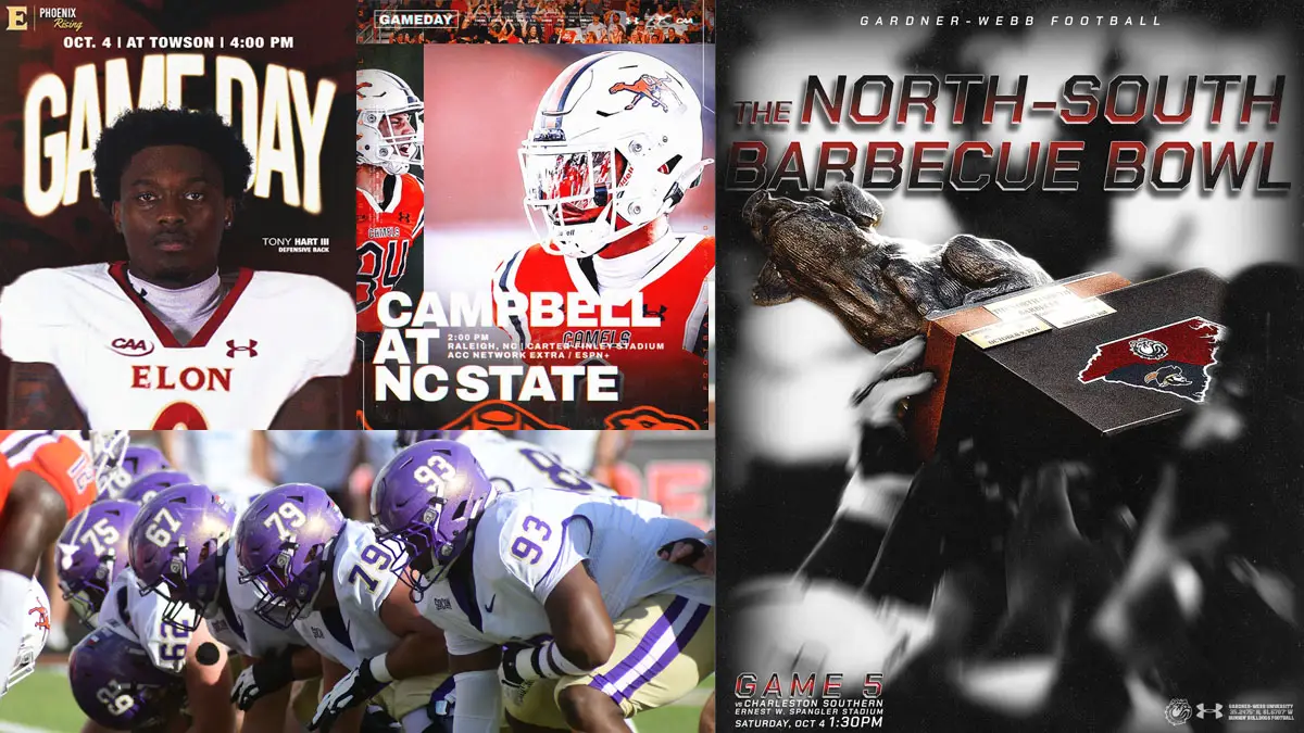 North Carolina FCS College Football Game Day - NCFootballNews North Carolina FCS College Football Game Day graphic featuring Elon, Campbell, Western Carolina and Gardner-Webb