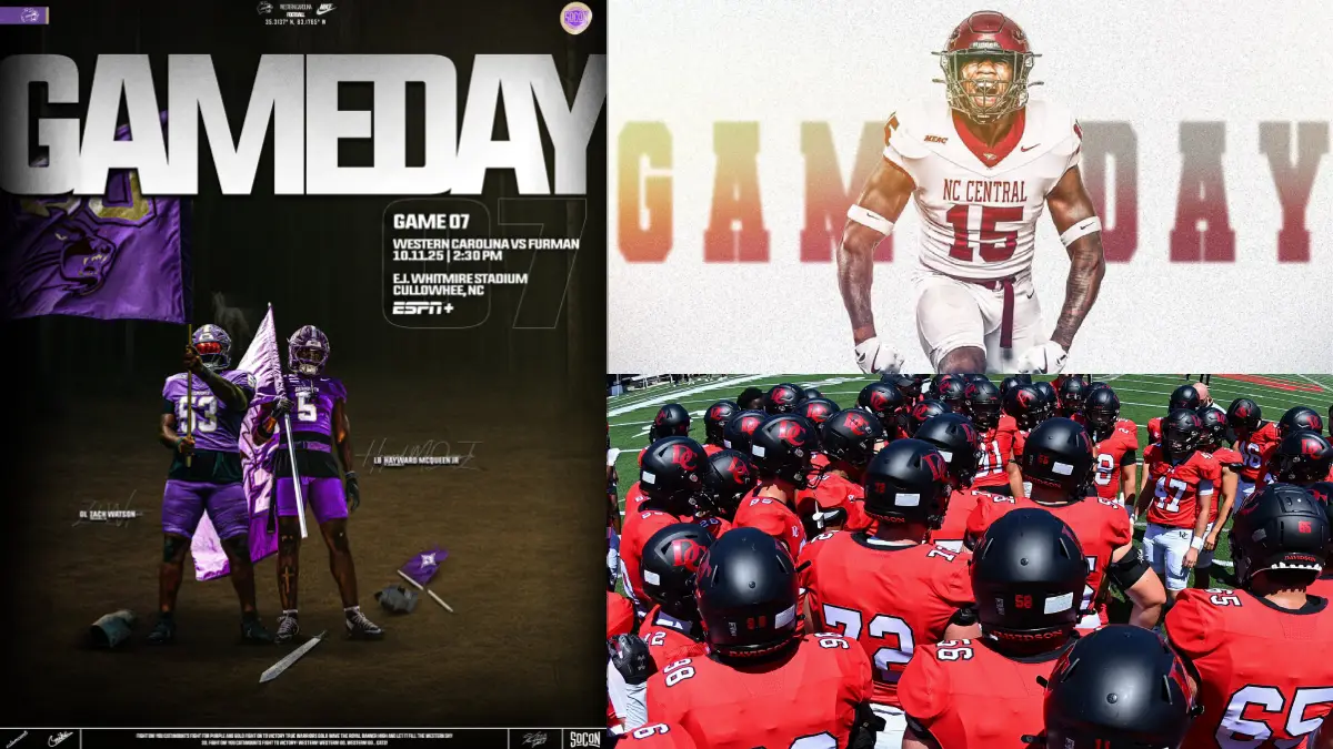 A collage of North Carolina FCS college football game day graphics, including Western Carolina, Davidson and North Carolina Central.