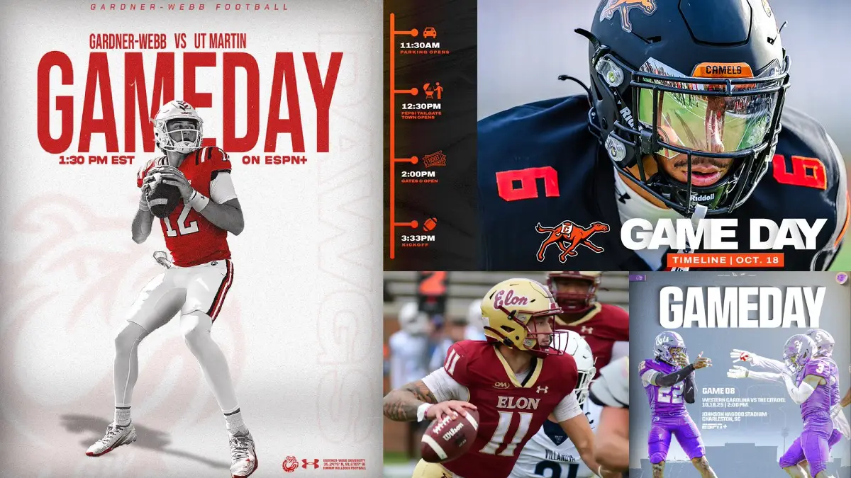 A collage of North Carolina FCS college football game day preview images, including Gardner-Webb, Campbell, WCU and Elon