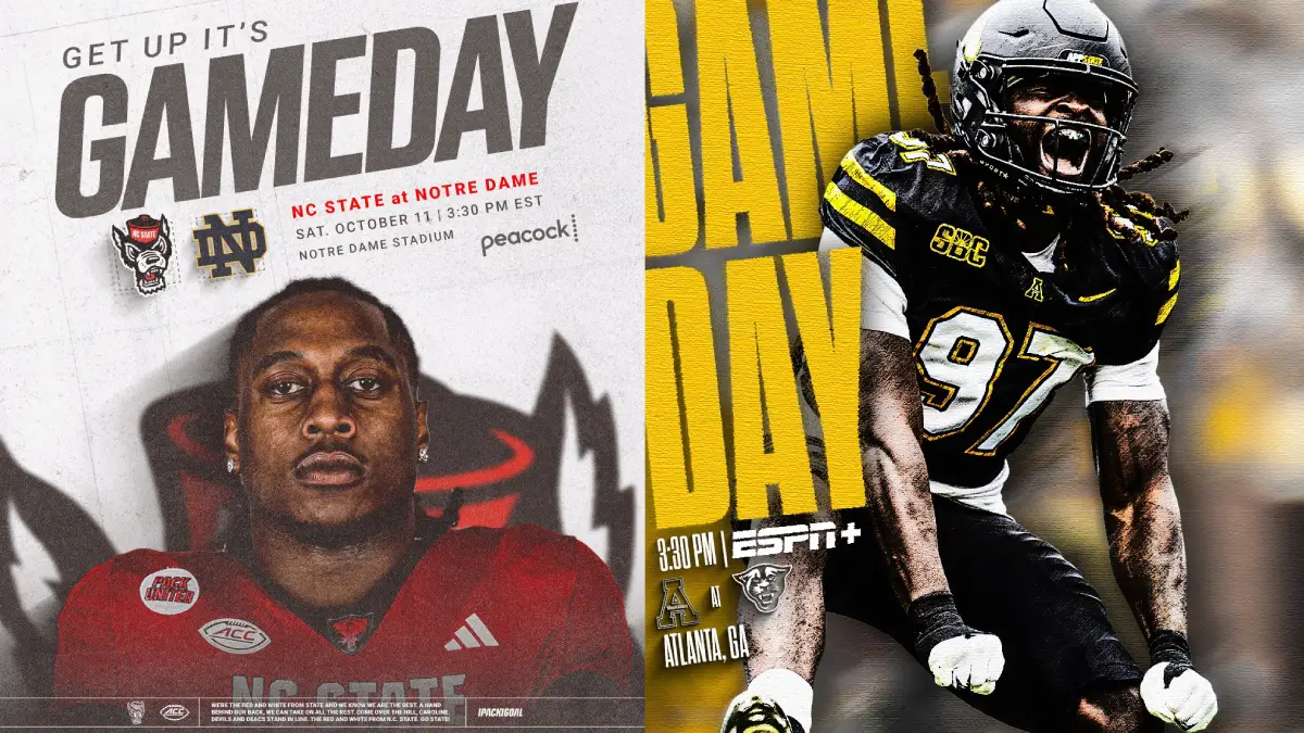 North Carolina college football game day collage, featuring graphics and photos from NC State and Appalachian State
