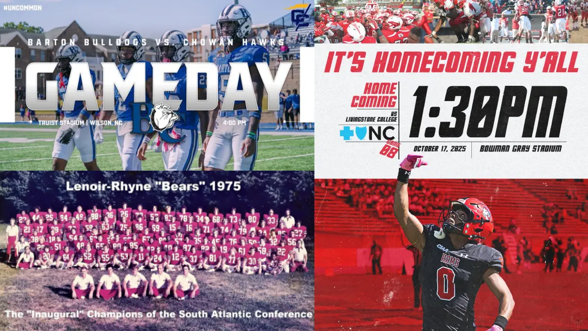A collage of images of North Carolina D2 football, including Barton College, Winston-Salem State and the 1975 Lenoir-Rhyne conference championship team photo.