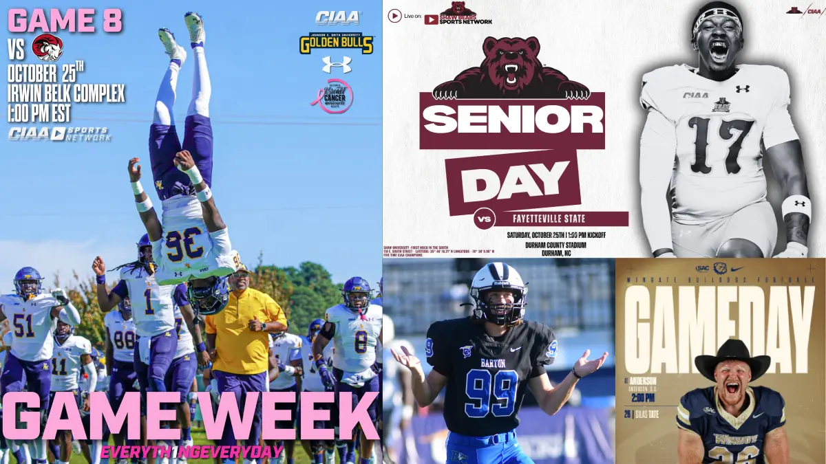 Collage of images representing North Carolina D2 college football game day on Oct. 25, 2025