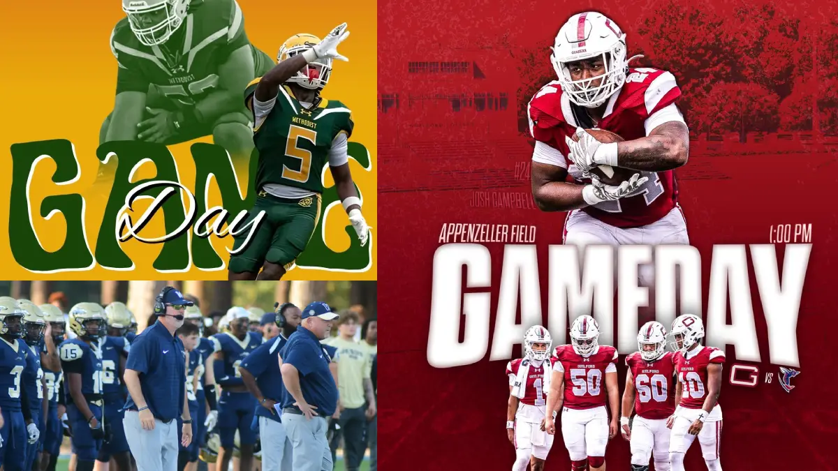 North Carolina D3 football game day graphics, featuring Methodist College, Guilford College and NC Wesleyan.