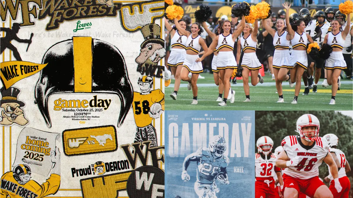 North Carolina FBS Football | Game Day | Oct. 25, 2025 - NCFootballNews Collage of North Carolina FBS game day graphics, including Wake Forest, UNC, NC State and Appalachian State