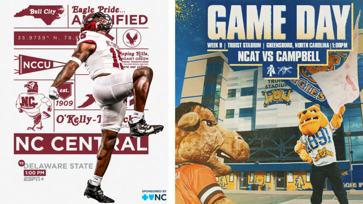 North Carolina FCS College Football | Game Day | Oct. 25, 2025 - NCFootballNews North Carolina FCS college football game day graphic, featuring North Carolina Central, North Carolina A&T and Campbell
