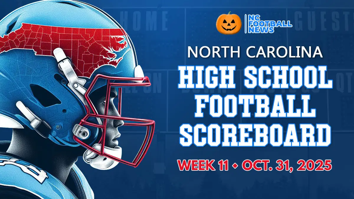 North Carolina high school football scoreboard graphic featuring NC Football News branding and an AI-generated player wearing a North Carolina helmet