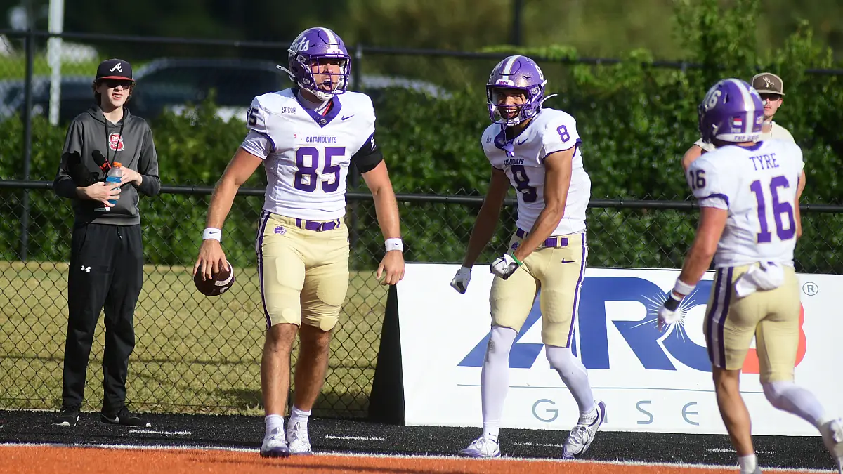Western Carolina's David Hulbert reacts after scoring a touchdown against Campbell.