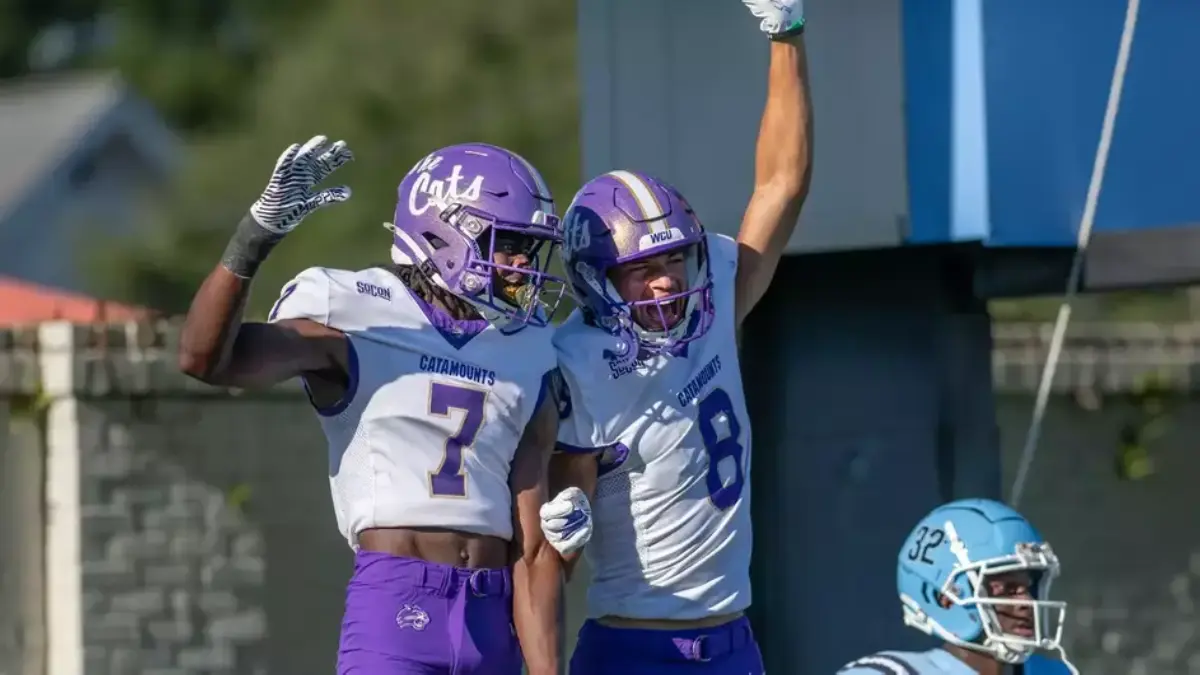 Malik Knight and Painter RIchards-Baker celebrate during Western Carolina's football win over The Citadel.