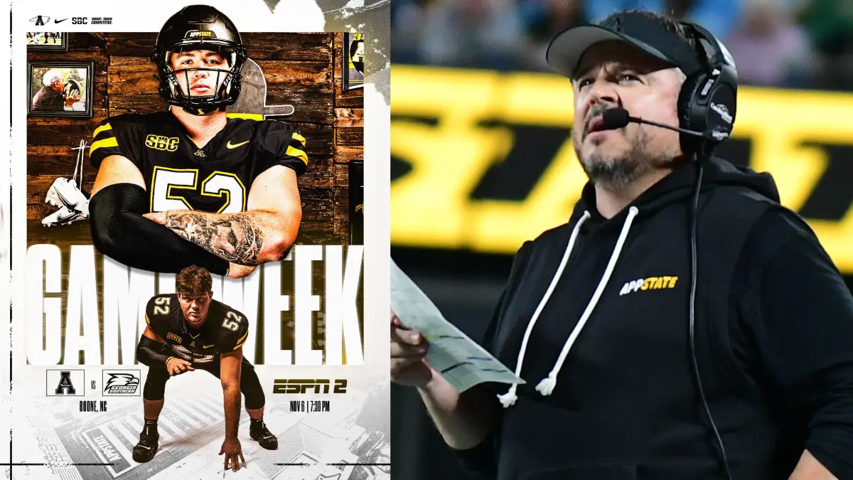 Appalachian State football game-week graphic pictured next to a photo of head coach Dowell Loggains