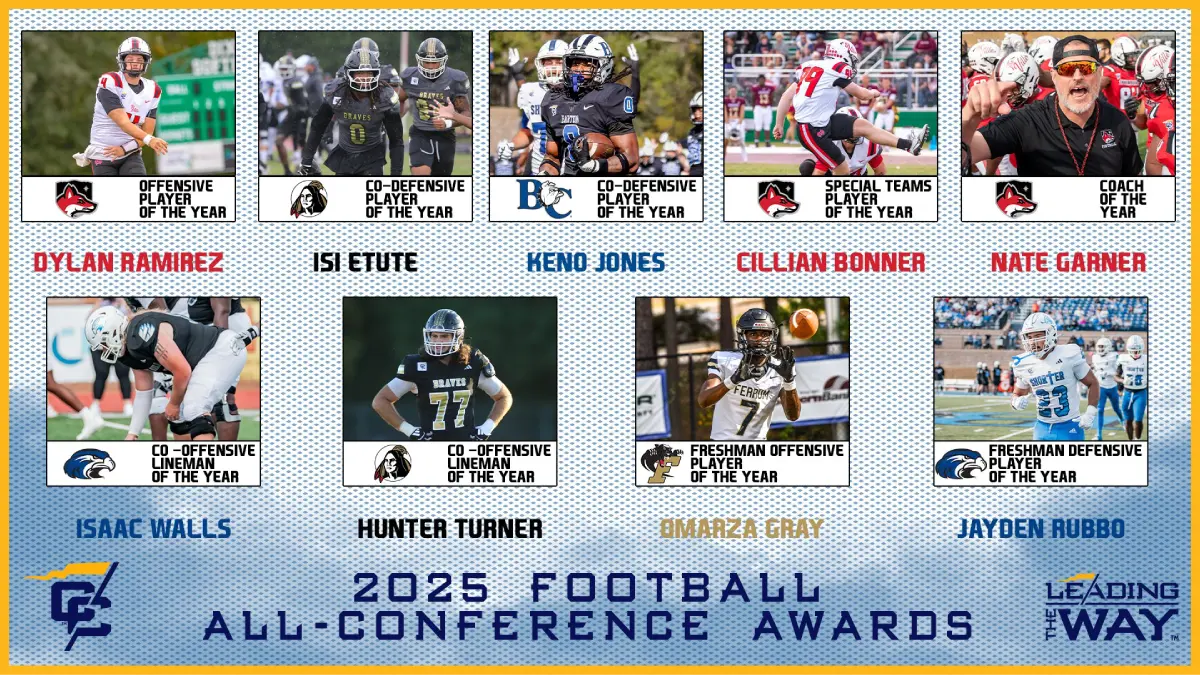 Images and text recognizing winners of the top football players awards for 2025 in Conference Carolinas, including Barton's Keno Jones and UNCP's Hunter Turner and Isi Etute.