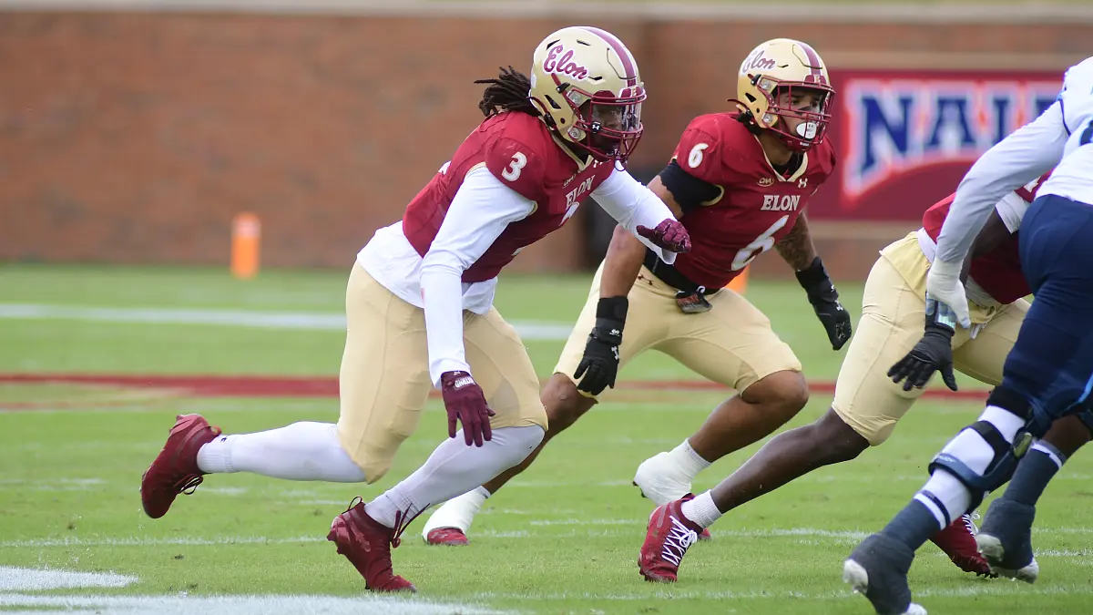 Elon defensive end Kahmari Brown springs to life as Villanova snaps the ball in a 2025 game
