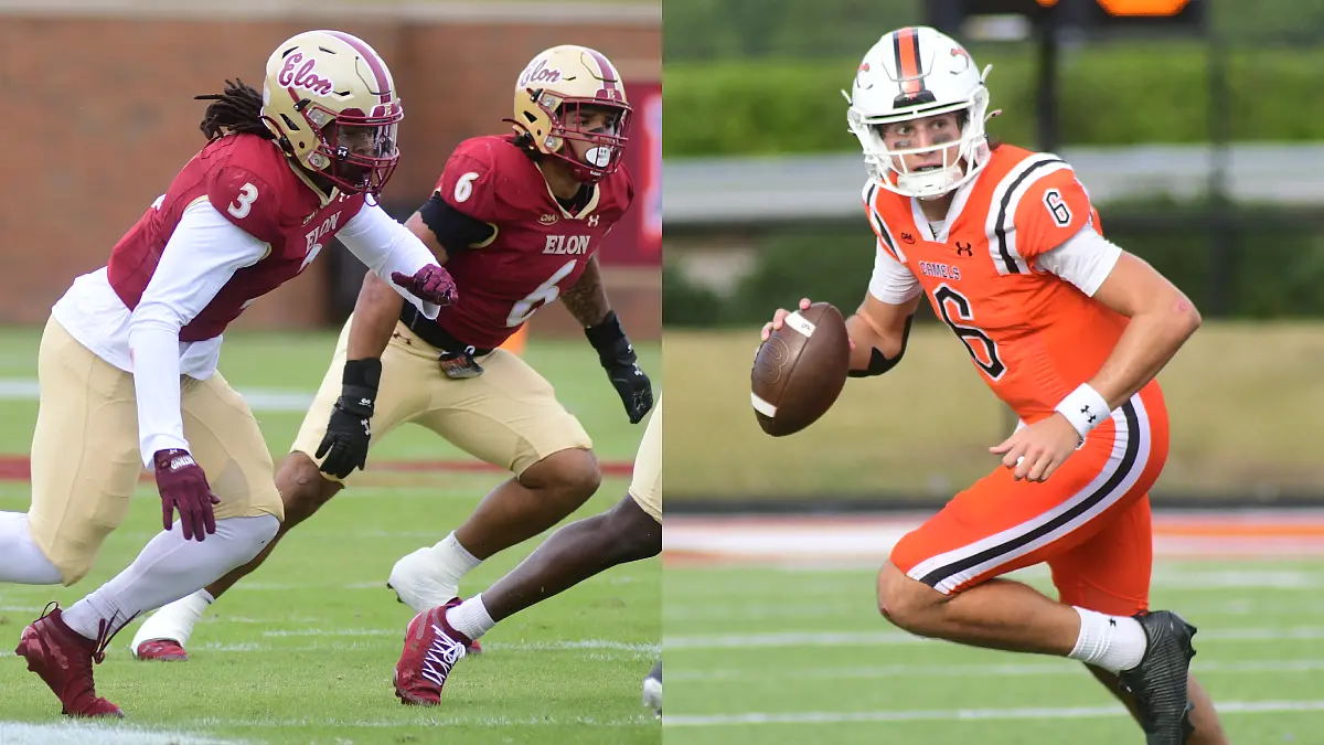 Elon football's Kahmari Brown and Campbell's Kamden Sixkiller pictured during 2025 games.