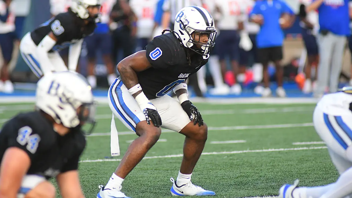 Linebacker Keno Jones lines up on a defensive play during a Barton College football game against Virginia State in 2025