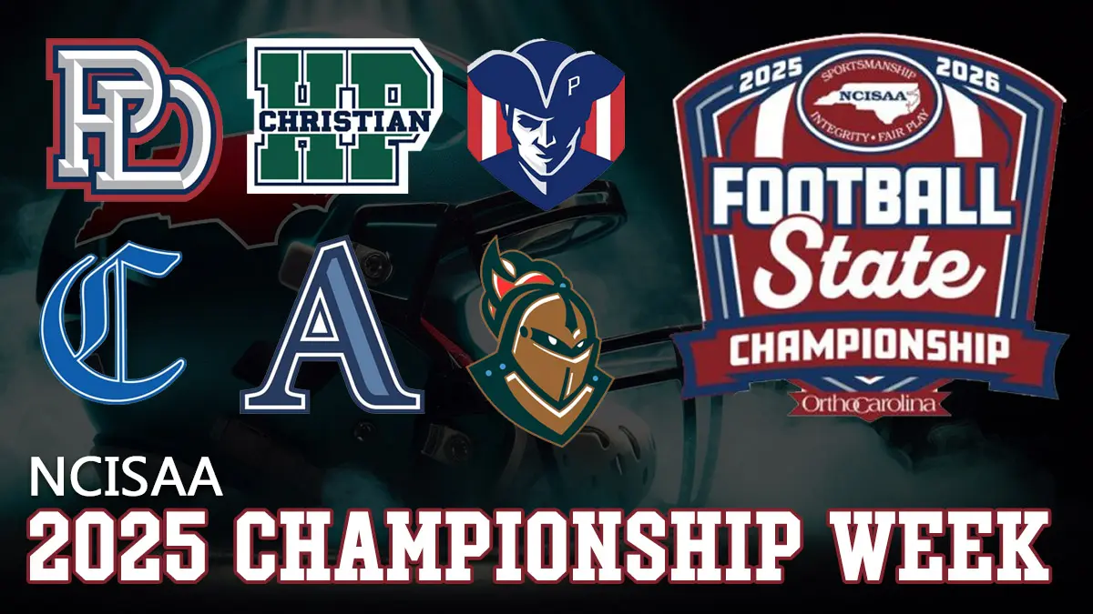 Logos of the six teams that will play in NCISAA football state championship games on Friday, Nov. 21, 2025