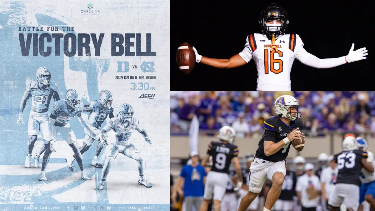 North Carolina college football game day collage featuring images from UNC, ECU and Campbell football.