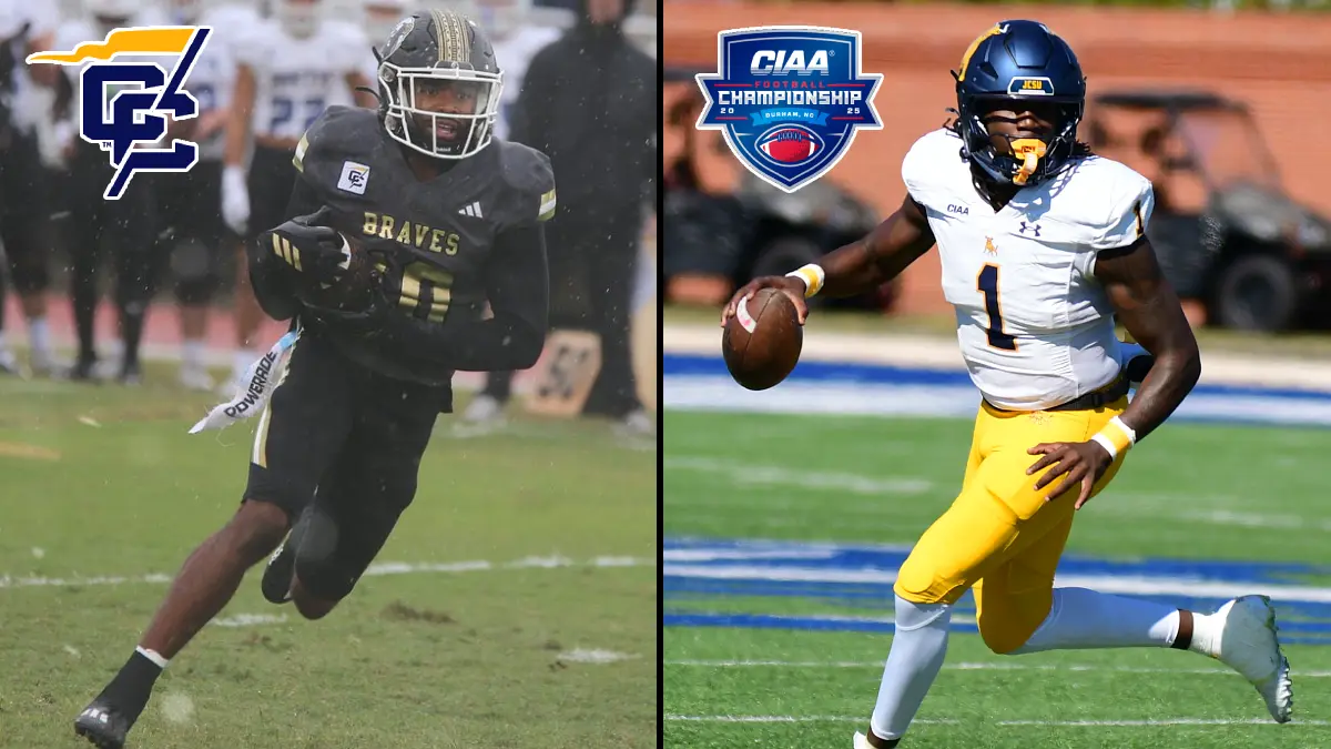 UNC Pembroke's JaQuan Albright and Johnson C. Smith's Kelvin Durham pictured from game action in 2025